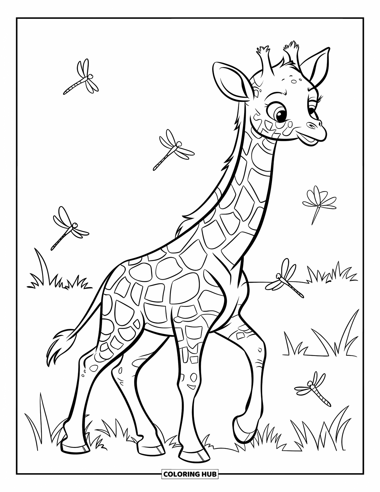 Baby Giraffe Coloring Page for Kids: A baby giraffe walks through tall grass as dragonflies hover around