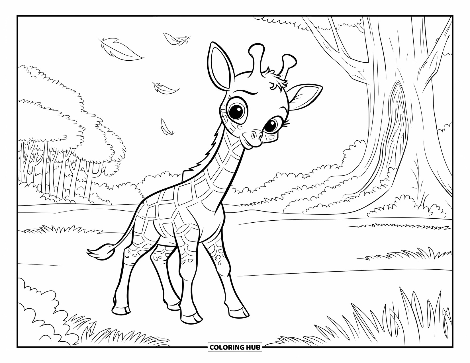 Baby Giraffe Coloring Page for Kids: A baby giraffe with big eyes stands on grass beneath swirling feathers and tall trees
