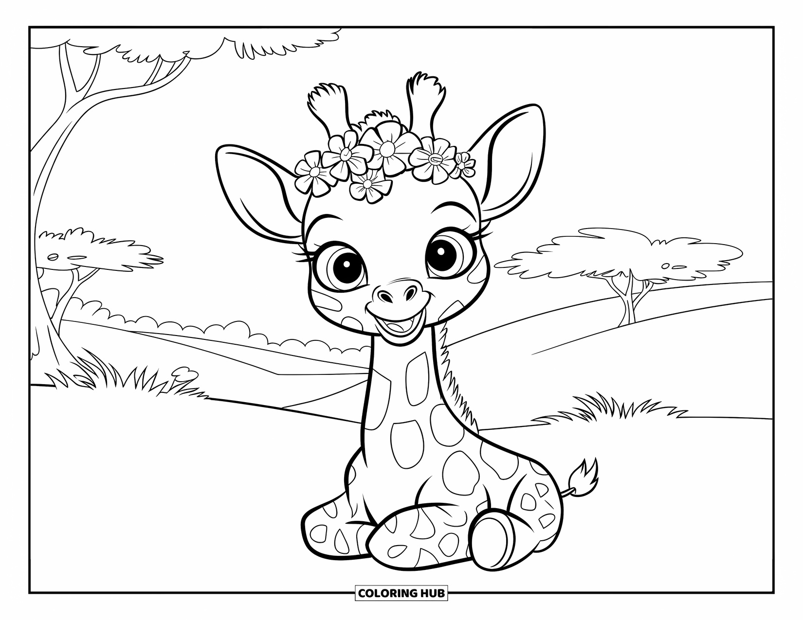 Baby Giraffe Coloring Page for Kids: A cheerful giraffe with big eyes rests in a grassy spot with trees behind