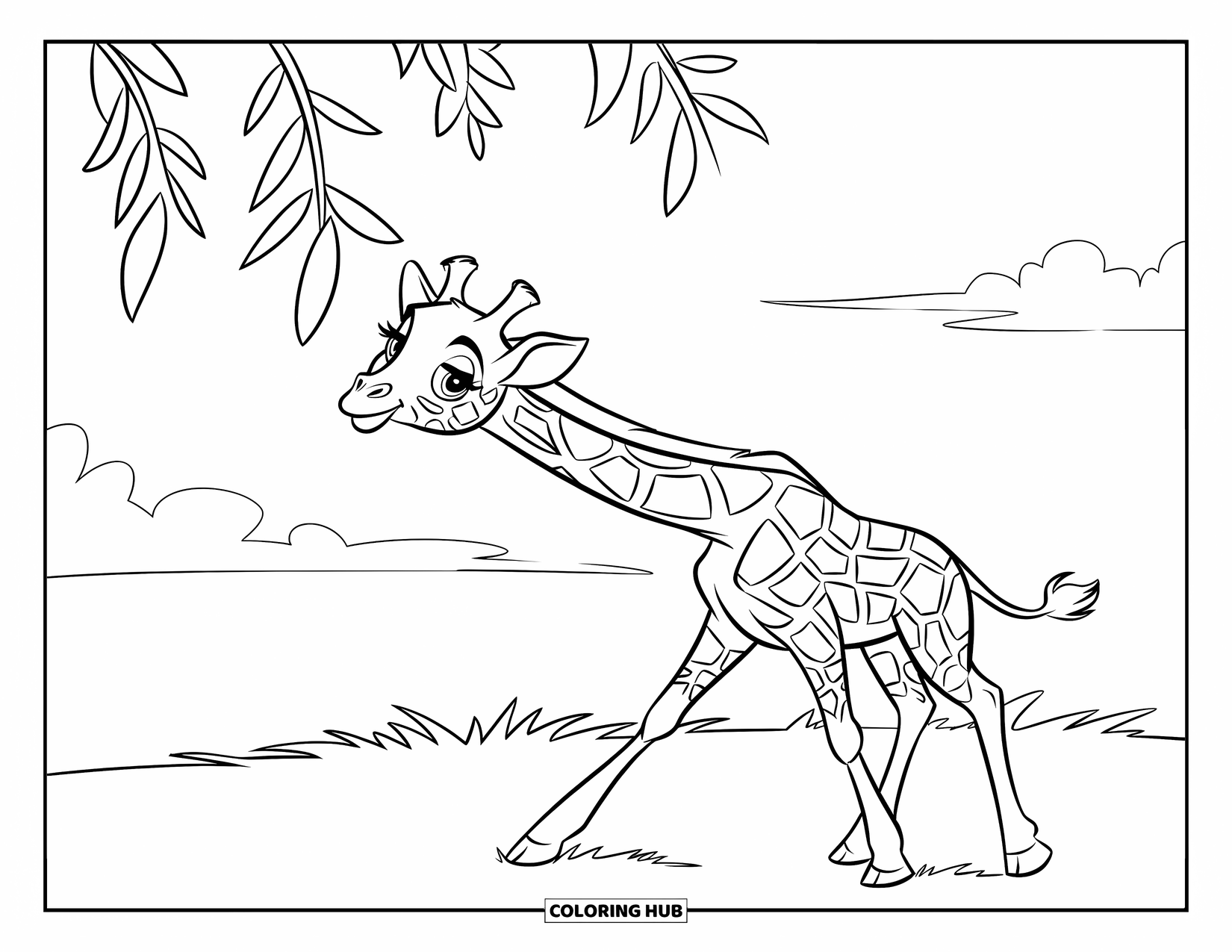Baby Giraffe Coloring Page for Kids: A curious giraffe reaches up for a leaf in the clear blue sky