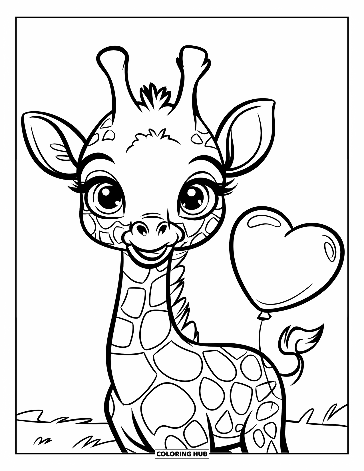 Baby Giraffe Coloring Page for Kids: A gentle giraffe holds a heart balloon with its tail in a quiet field