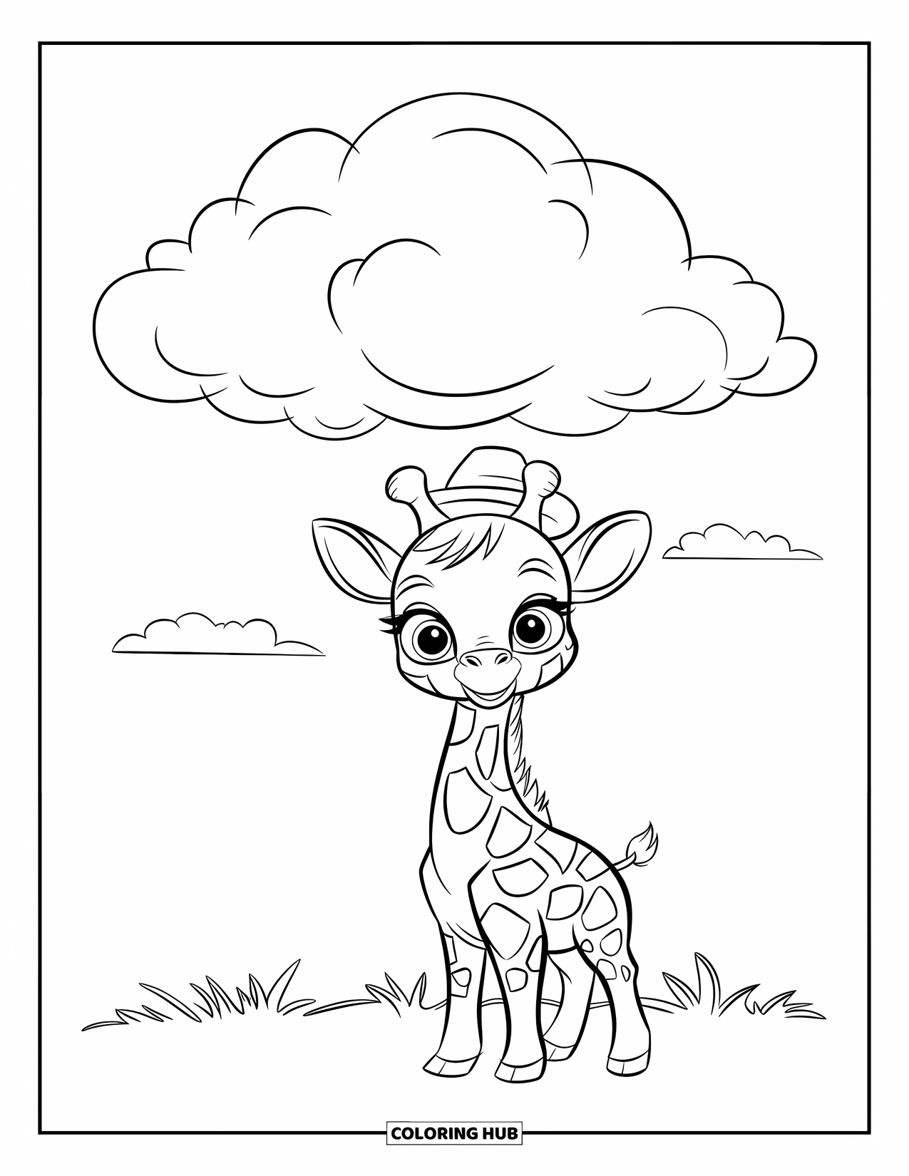 Baby Giraffe Coloring Page for Kids: A giraffe in a hat stands on grass beneath a big, soft cloud