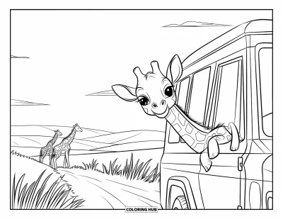Målarbild med giraffungar för barn: En giraff tittar ut från en jeep nära andra giraffer och böljande kullar på safari