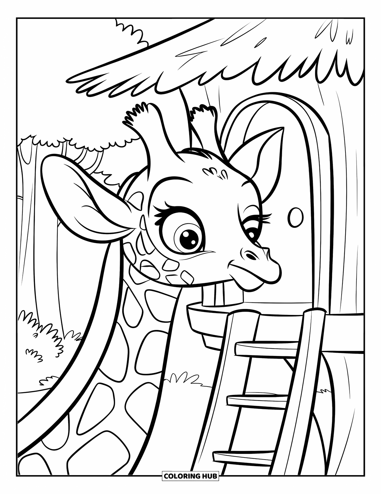 Baby Giraffe Coloring Page for Kids: A giraffe pokes its head into a cozy treehouse surrounded by tall green trees