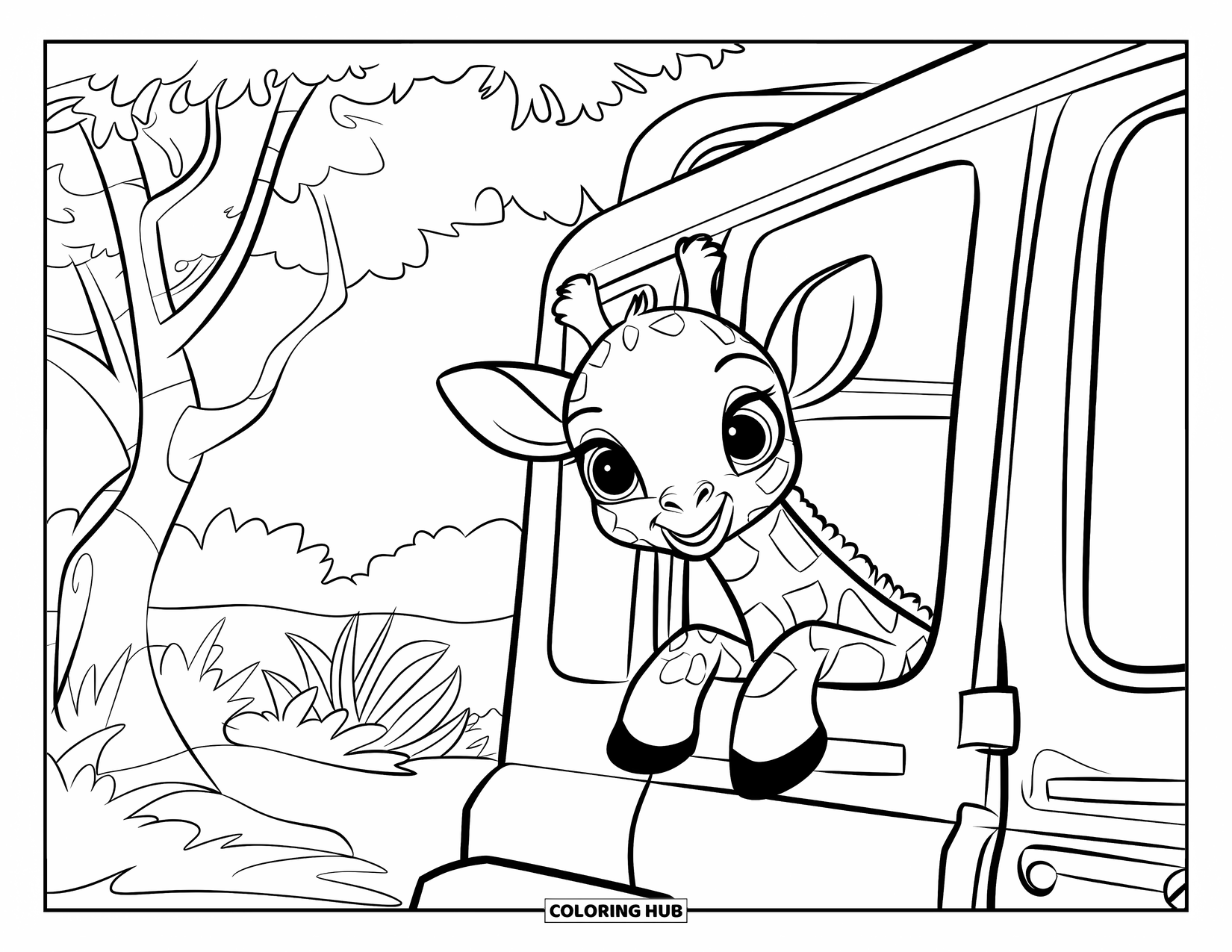 Baby Giraffe Coloring Page for Kids: A giraffe pokes out from a jeep window surrounded by grass and a nearby tree