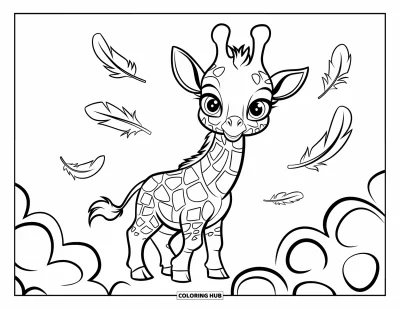 Målarbild med giraffungar för barn: En giraff står bland fjädrar och virvlar med sina långa ben och korta hals