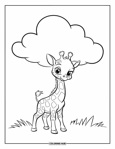 Målarbild med giraffungar för barn: En giraff står på grönt gräs under ett enda stort puffigt moln