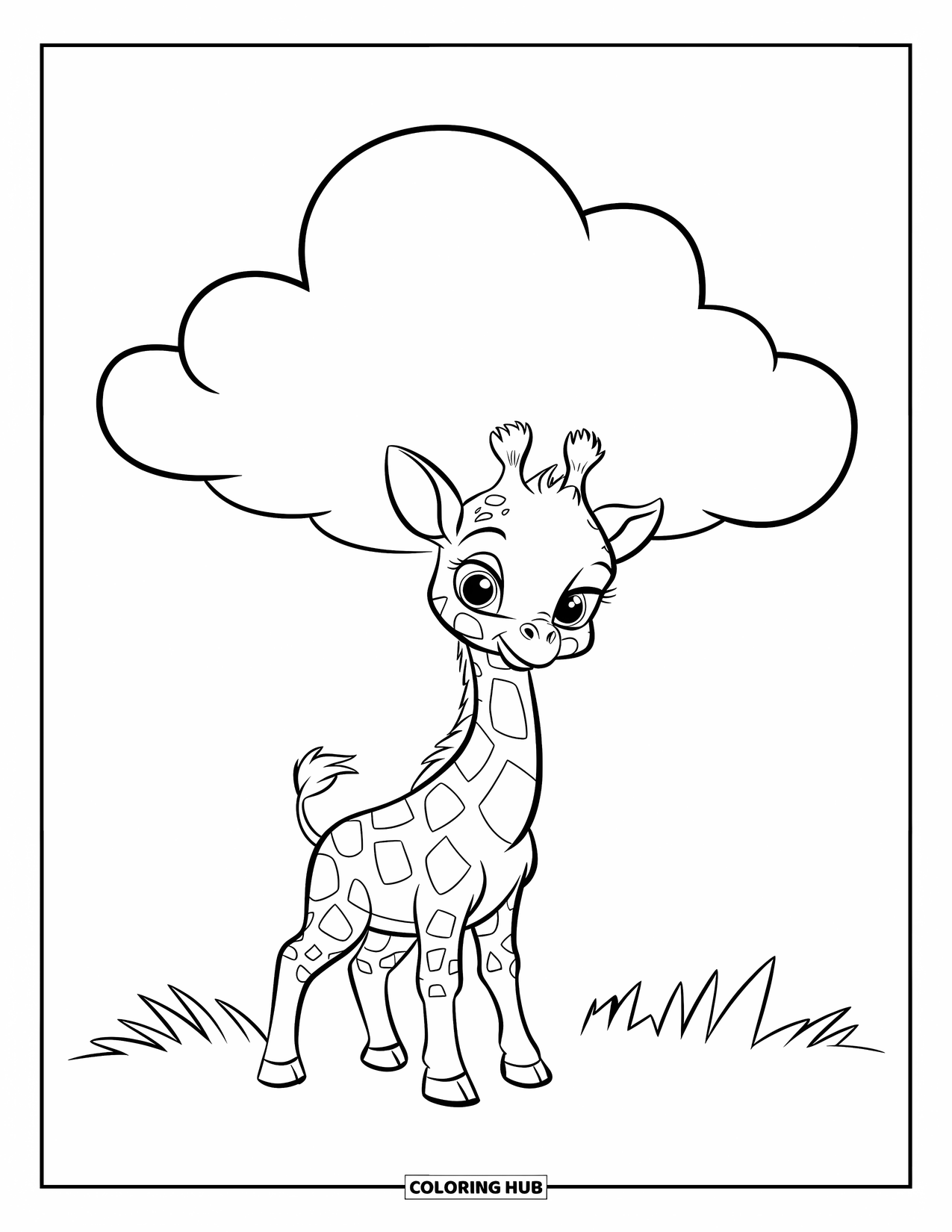 Baby Giraffe Coloring Page for Kids: A giraffe stands on green grass under one big fluffy cloud
