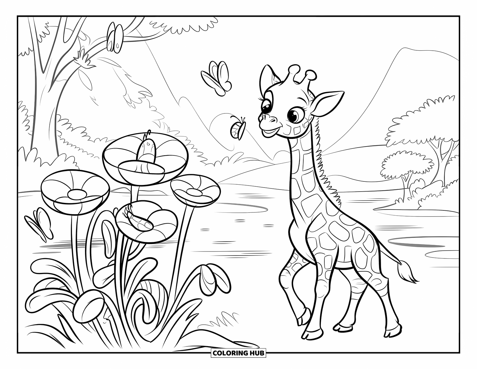 Baby Giraffe Coloring Page for Kids: A giraffe stands on hind legs near butterflies and big flowers by a lake
