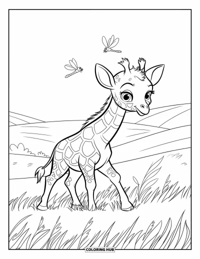 Målarbild med giraffungar för barn: En giraff vandrar genom högt gräs med trollsländor och kullar bakom sig