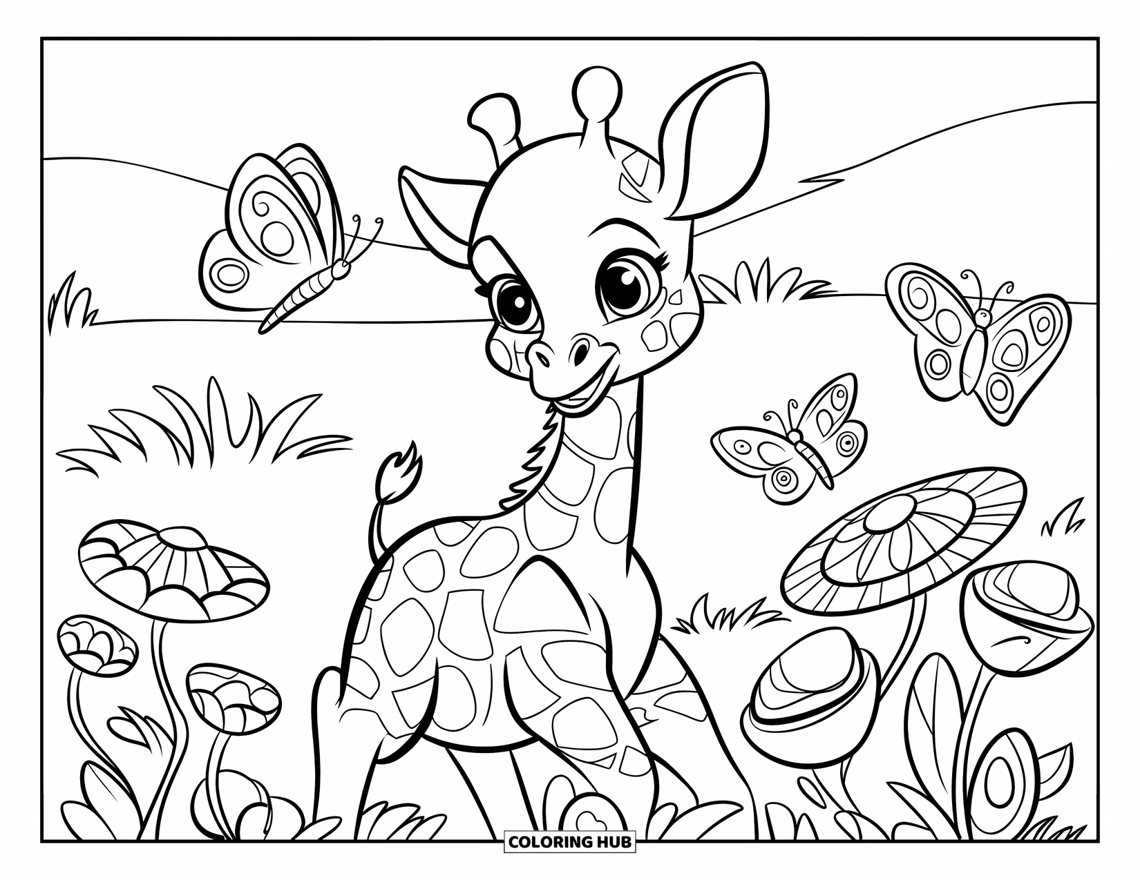 Baby Giraffe Coloring Page for Kids: A giraffe with a heart spot reaches toward flowers and butterflies in a field