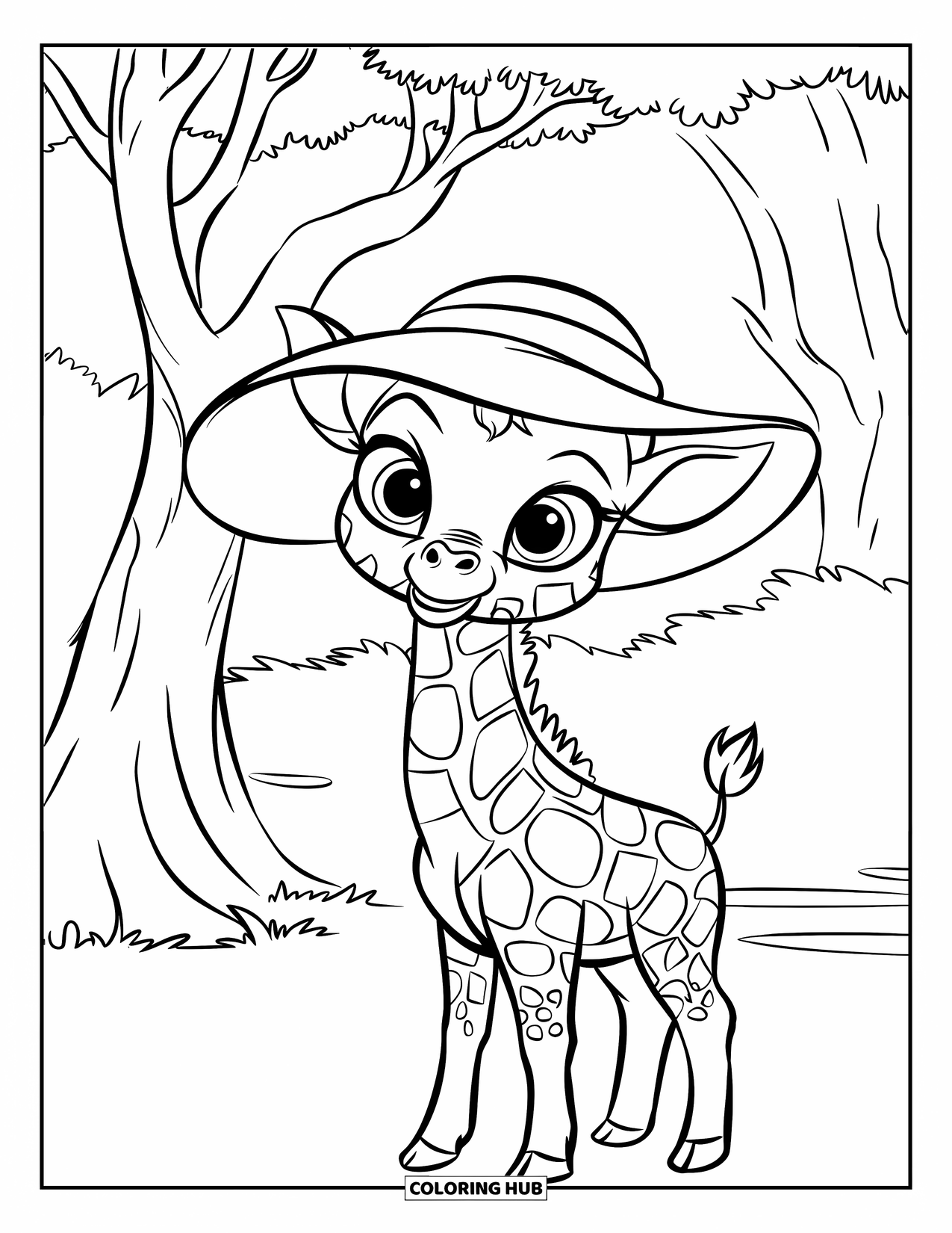 Baby Giraffe Coloring Page for Kids: A giraffe with a sun hat stands by a low tree in a leafy forest
