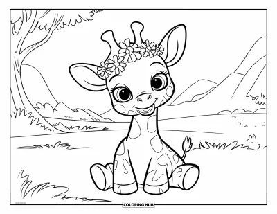 Målarbild med giraffungar för barn: En glad giraffungar bär en blomsterkrans medan den sitter på ett gräsbevuxet fält