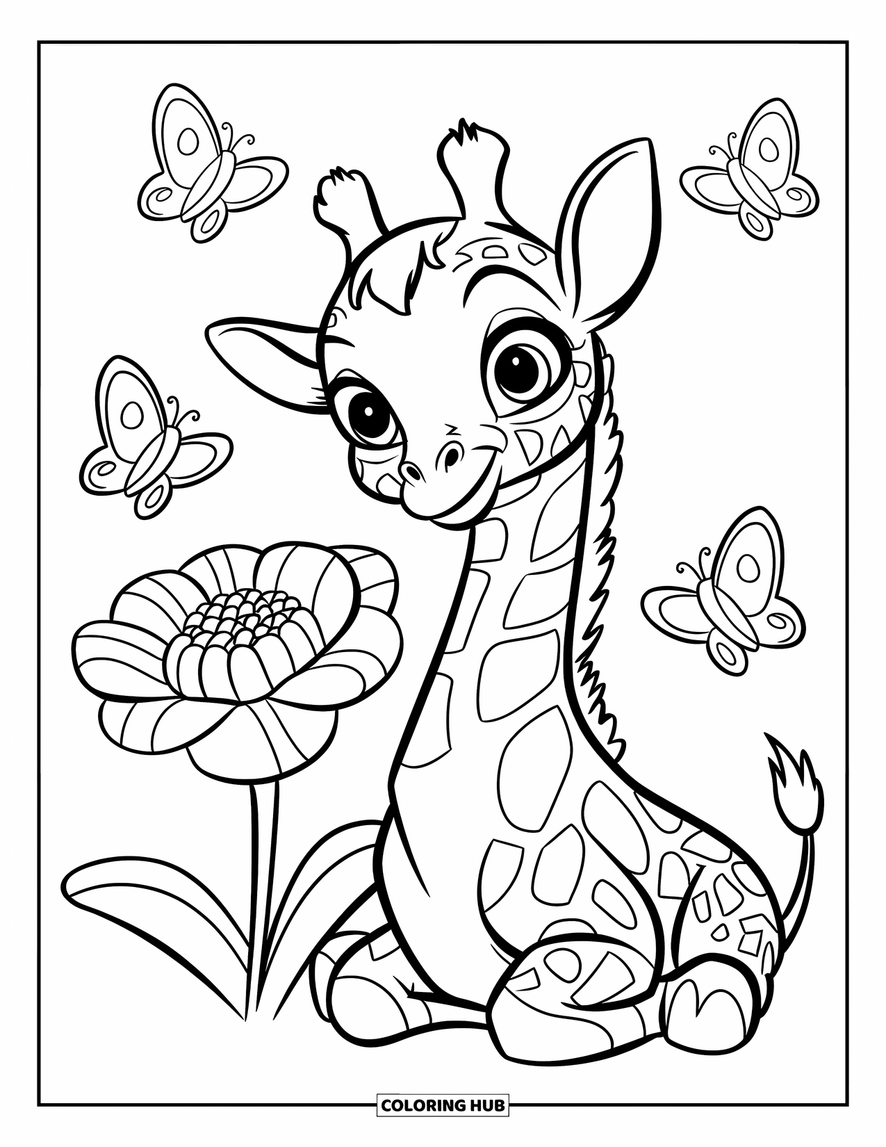 Baby Giraffe Coloring Page for Kids: A smiling giraffe sits by a big flower with butterflies nearby