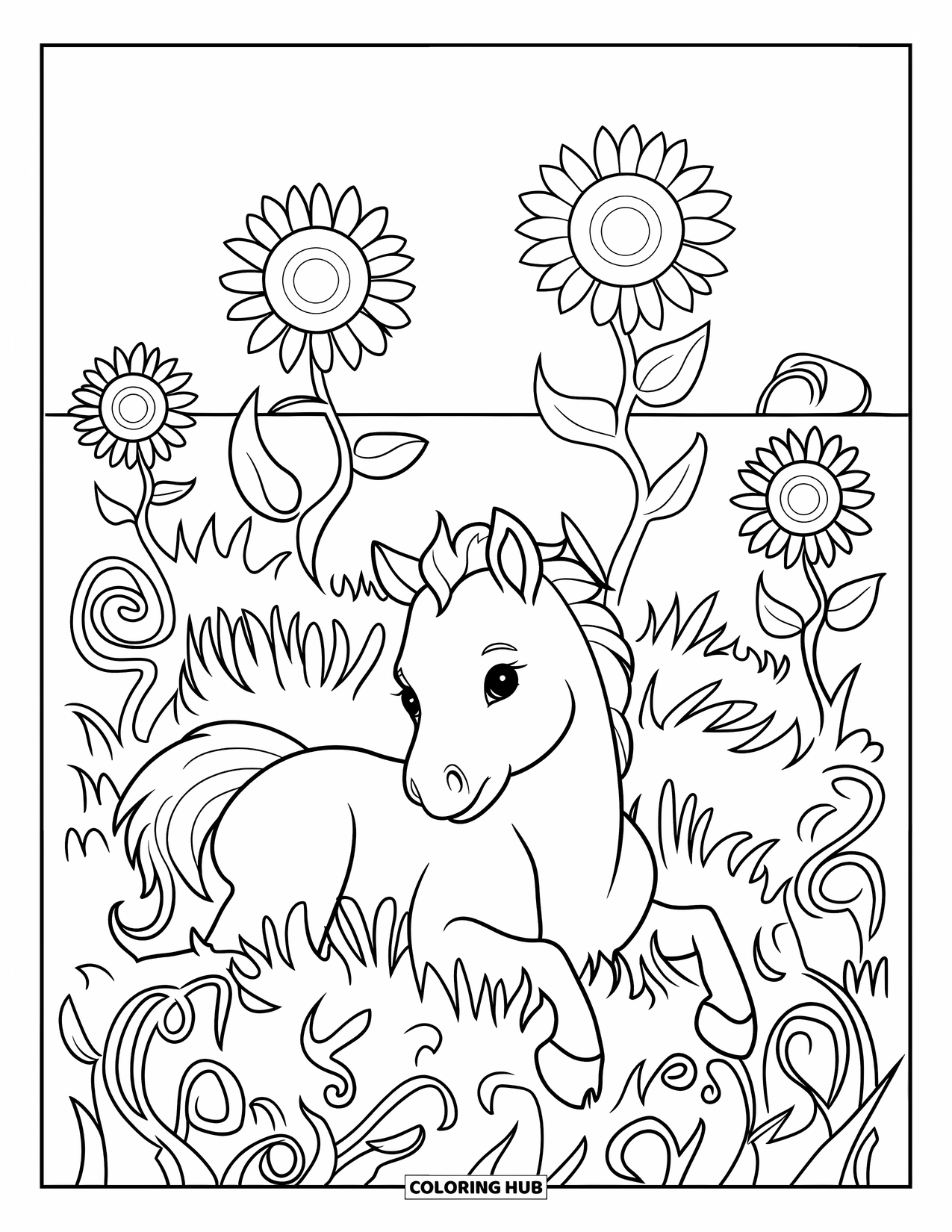 Baby Horse Coloring Page for Adults: A baby horse curls up among vines and stylized sunflowers in a white field