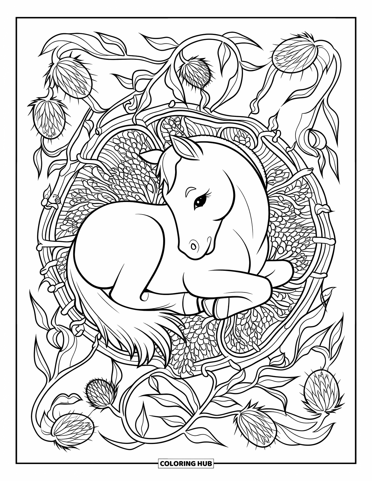 Baby Horse Coloring Page for Adults: A baby horse curls up in a relaxing vine and thistle pattern