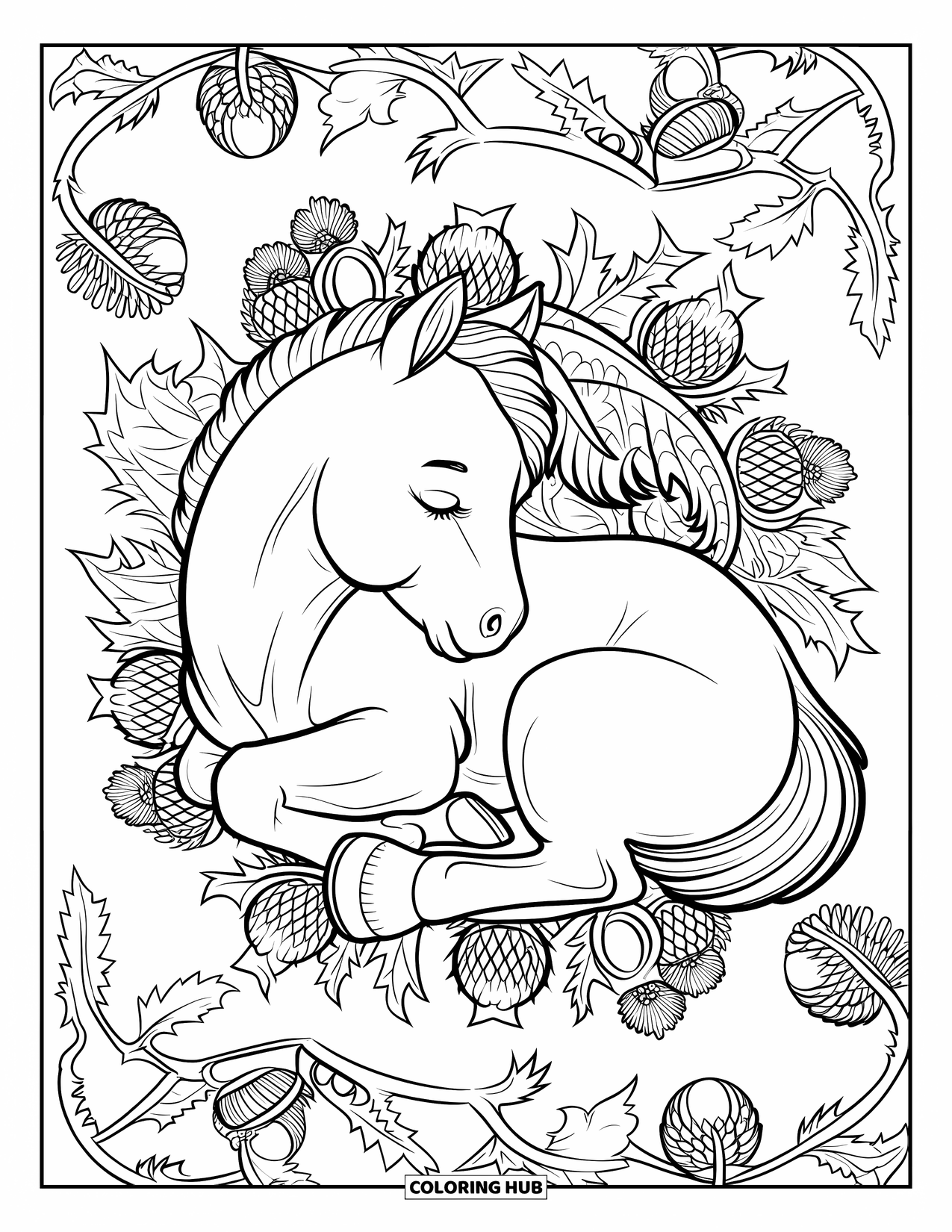 Baby Horse Coloring Page for Adults: A baby horse curls up peacefully within a tangle of thistles and vines
