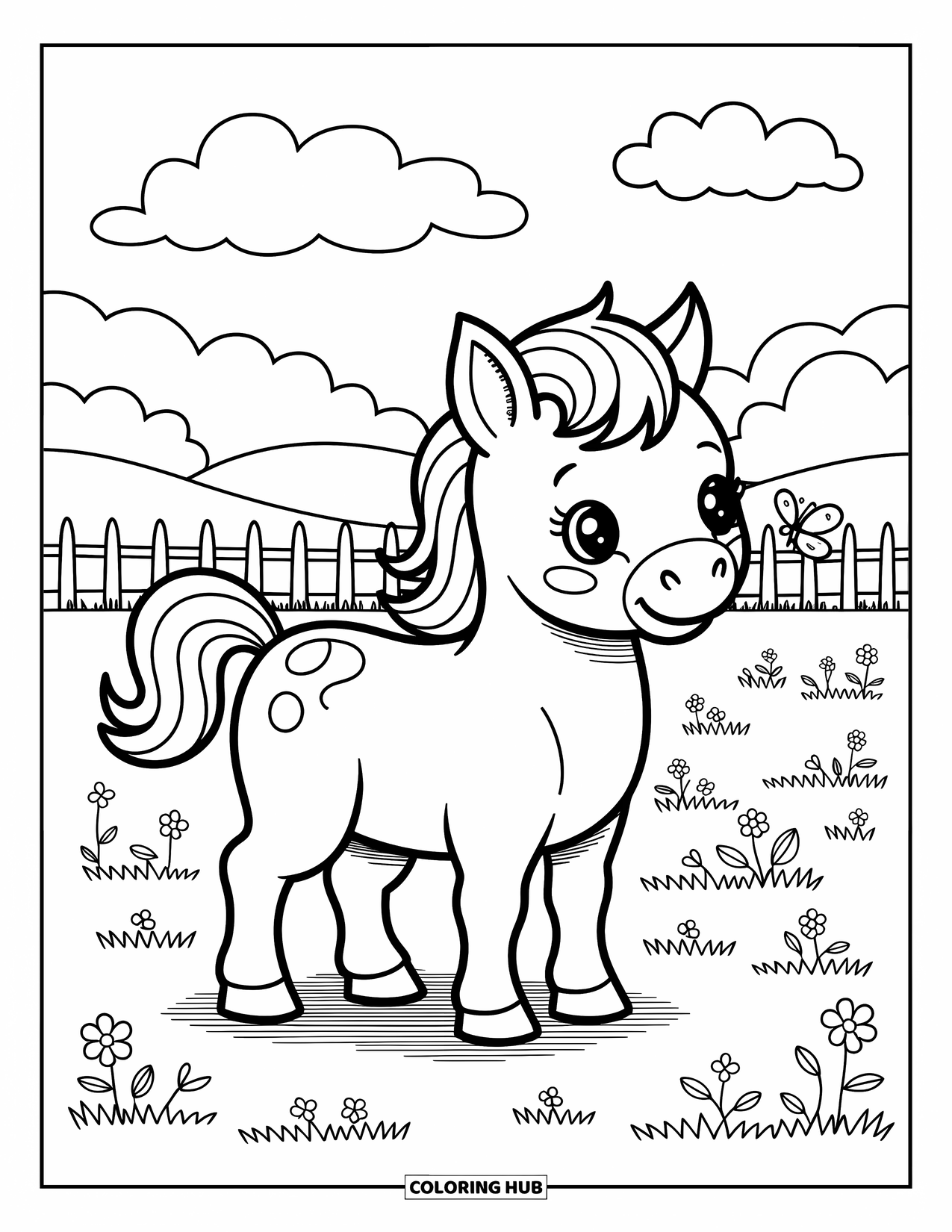 Baby Horse Coloring Page for Adults: A baby horse smiles at a butterfly in a wide meadow with puffy clouds and flowers