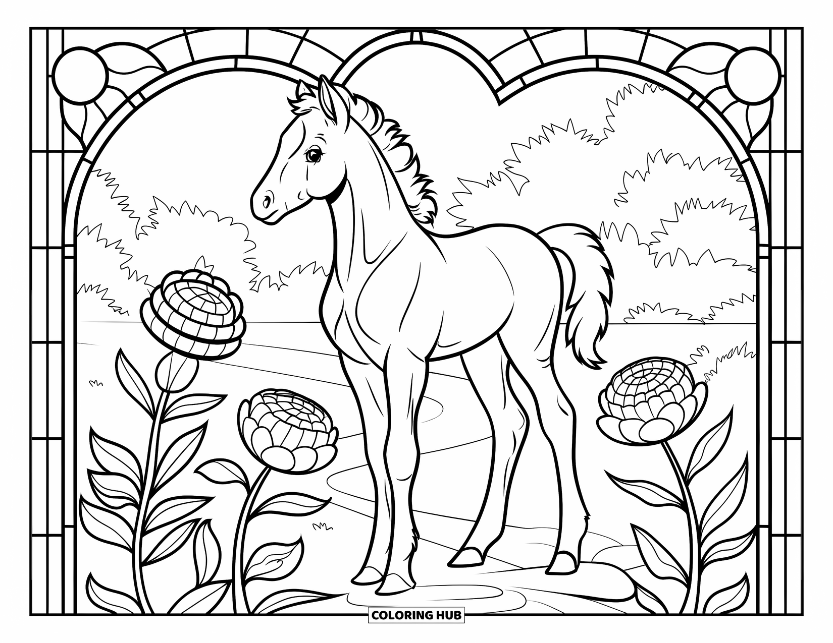 Baby Horse Coloring Page for Adults: A baby horse stands among blooming peonies framed by graceful stained glass lines
