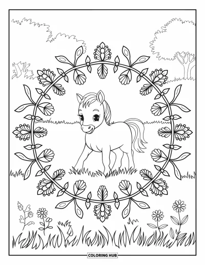 Tegning af føl til voksne: Et ungt hesteben står centreret i et helsides mandala af vilde blomster og blade
