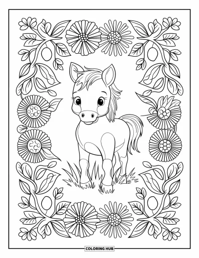 Tegning af føl til voksne: Et ungt hesteben står i græs inden i et fuldt mandala af vilde blomster og blade