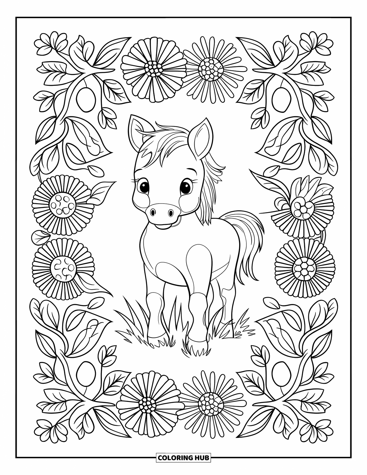 Baby Horse Coloring Page for Adults: A baby horse stands in grass within a full mandala of wildflowers and leaves