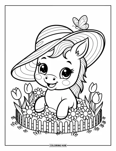 Tegning af føl til voksne: Et ungt hesteben med hat kigger ud fra en blomsterhave med en prikket sommerfugl