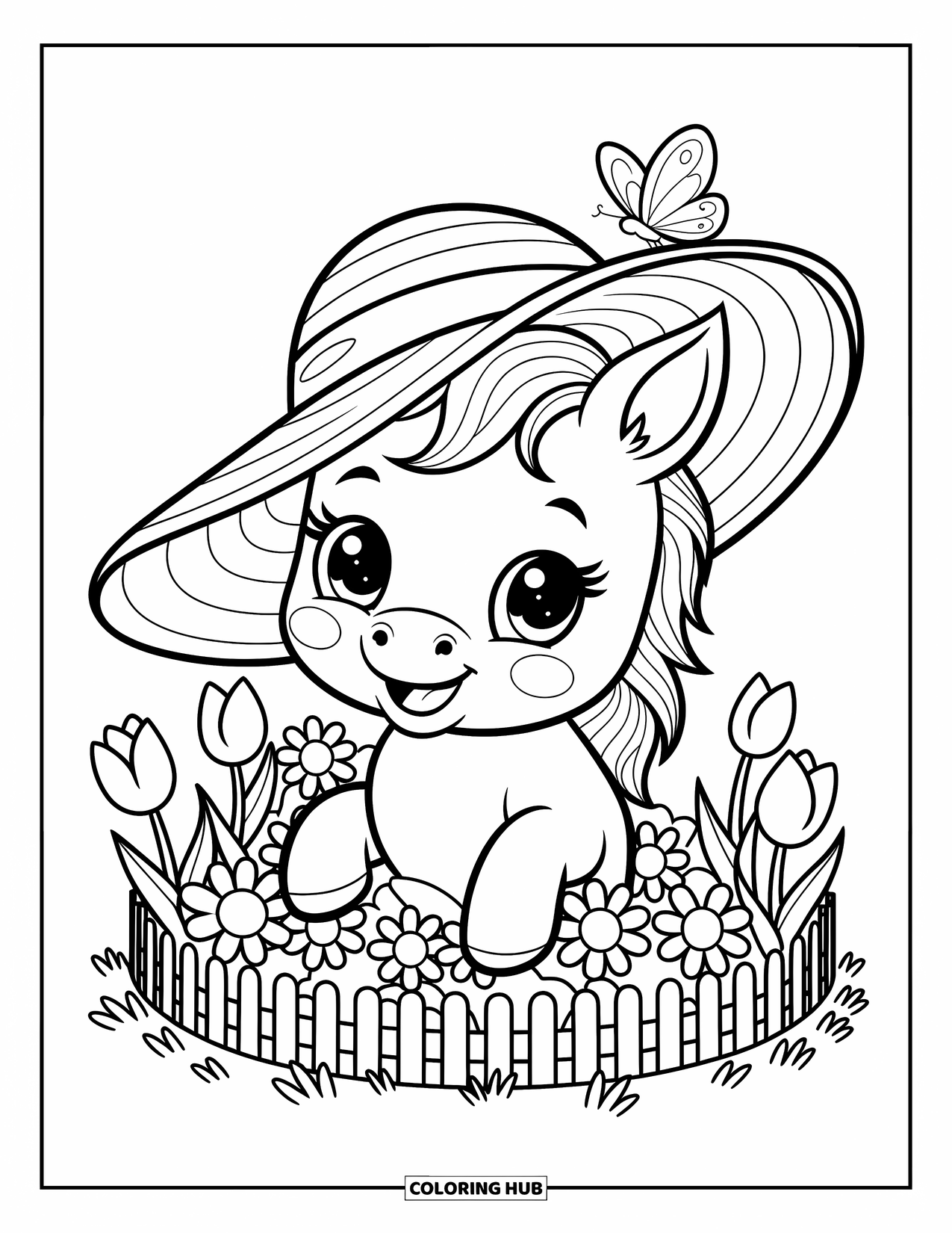 Baby Horse Coloring Page for Adults: A baby horse with a hat peeks out from a flower garden and spotted butterfly