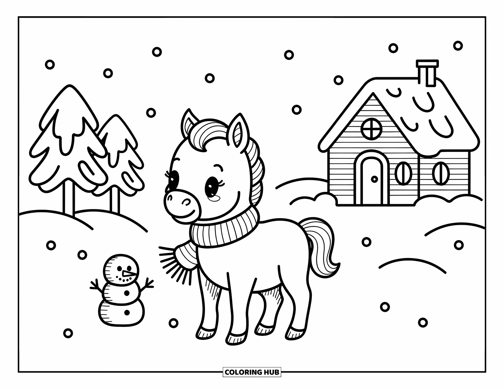 Baby Horse Coloring Page for Adults: A bundled-up foal stands near a snowman in a snowy field with pine trees