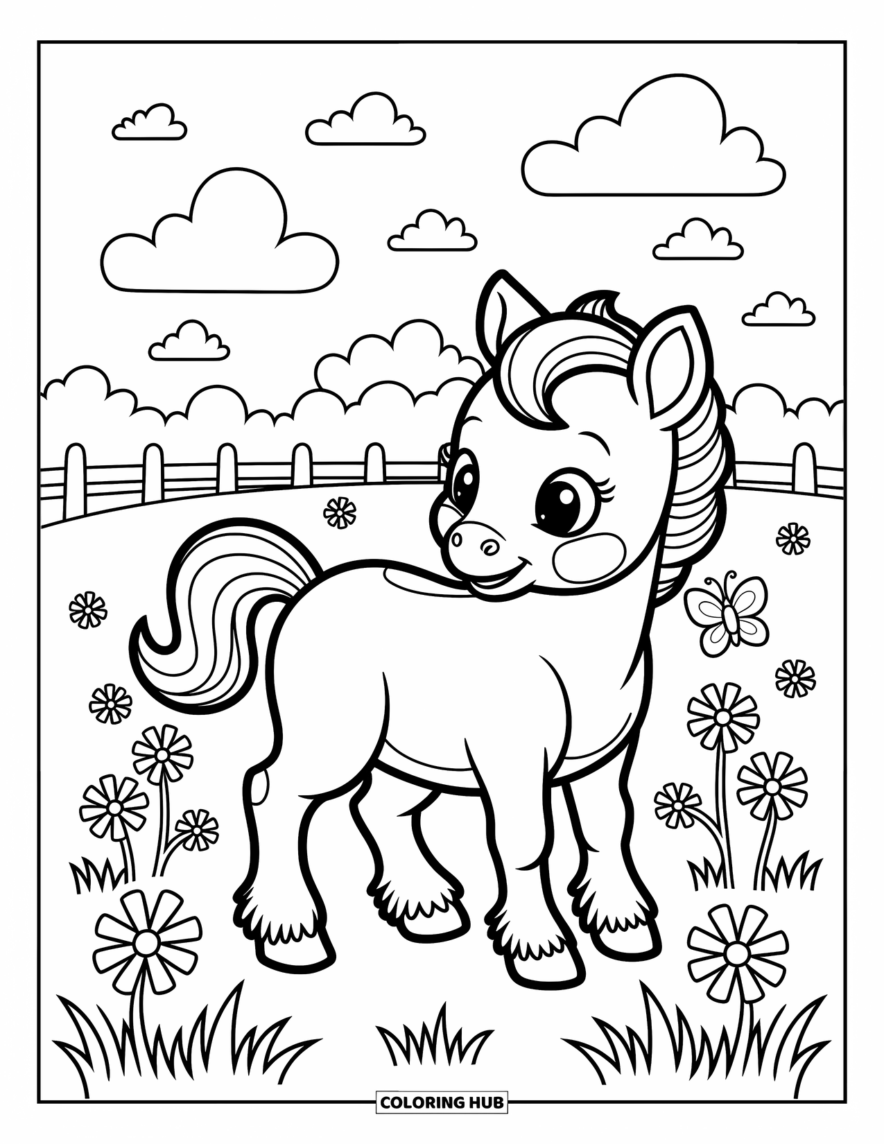 Baby Horse Coloring Page for Adults: A curious foal stares at a butterfly in a peaceful field with flowers and a fence
