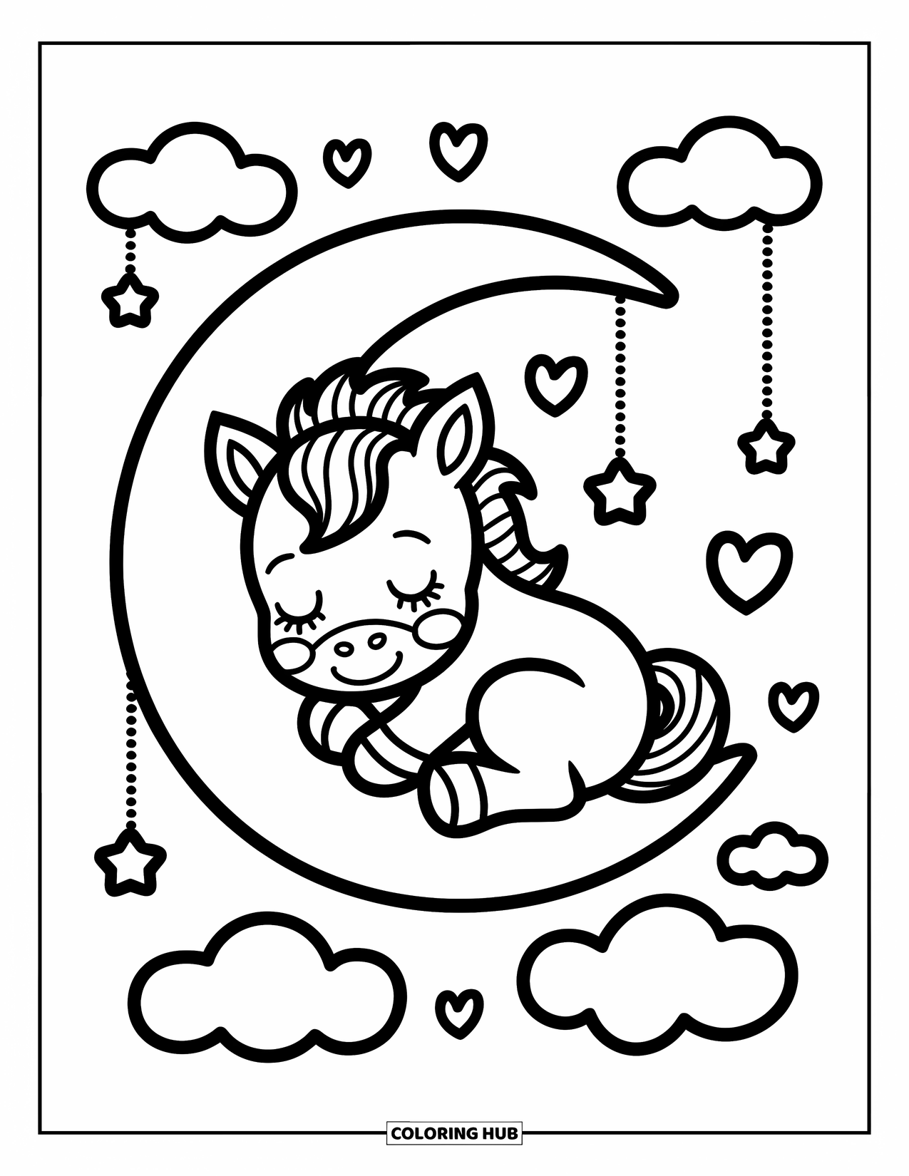 Baby Horse Coloring Page for Adults: A foal naps on a moon as hearts and stars gently float by