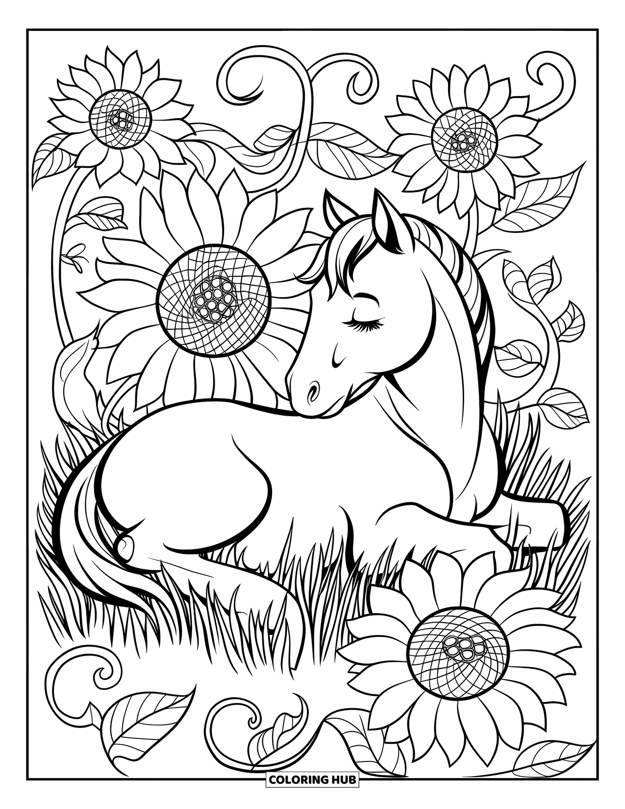 Baby Horse Coloring Page for Adults: A foal sleeps nestled among sunflower blooms and twisting vines