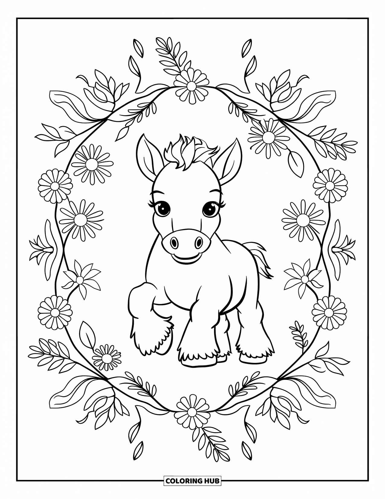 Baby Horse Coloring Page for Adults: A foal stands in the center, surrounded by a botanical mandala on white background
