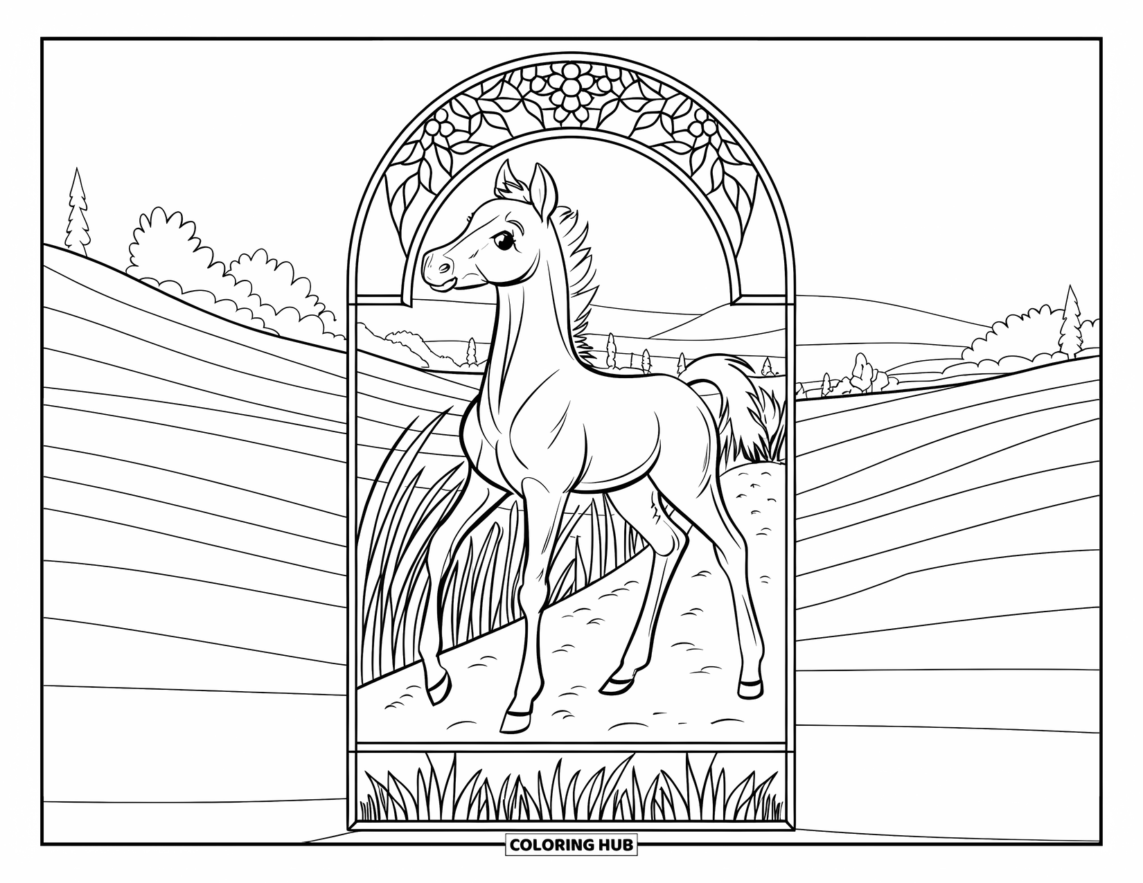 Baby Horse Coloring Page for Adults: A foal stands on a path framed by stained glass florals and distant hills