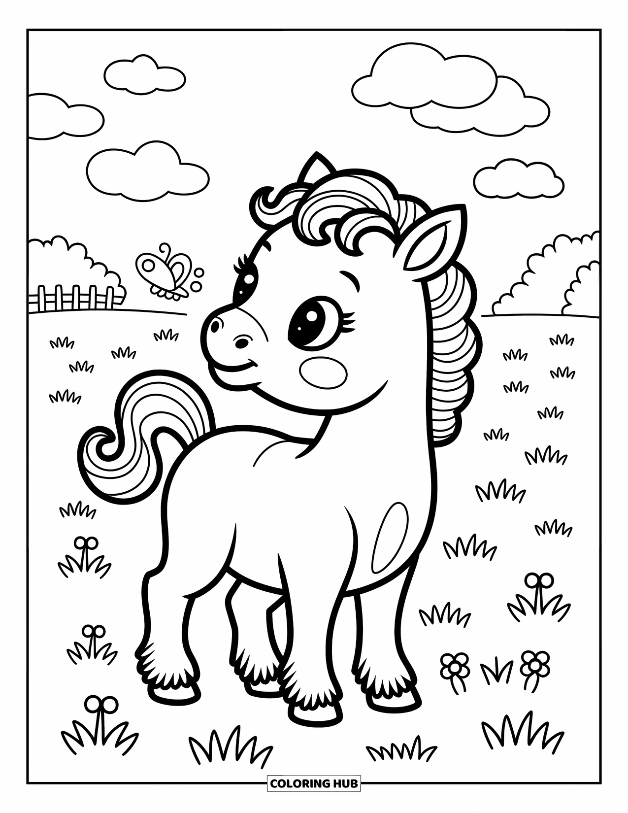 Baby Horse Coloring Page for Adults: A foal tilts its head at a butterfly in a meadow with flowers and puffy clouds