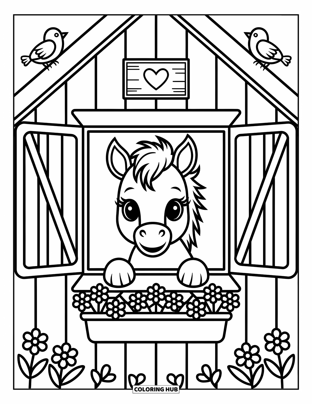Baby Horse Coloring Page for Adults: A foal's head peeks from a barn window framed by flowers and cheerful birds
