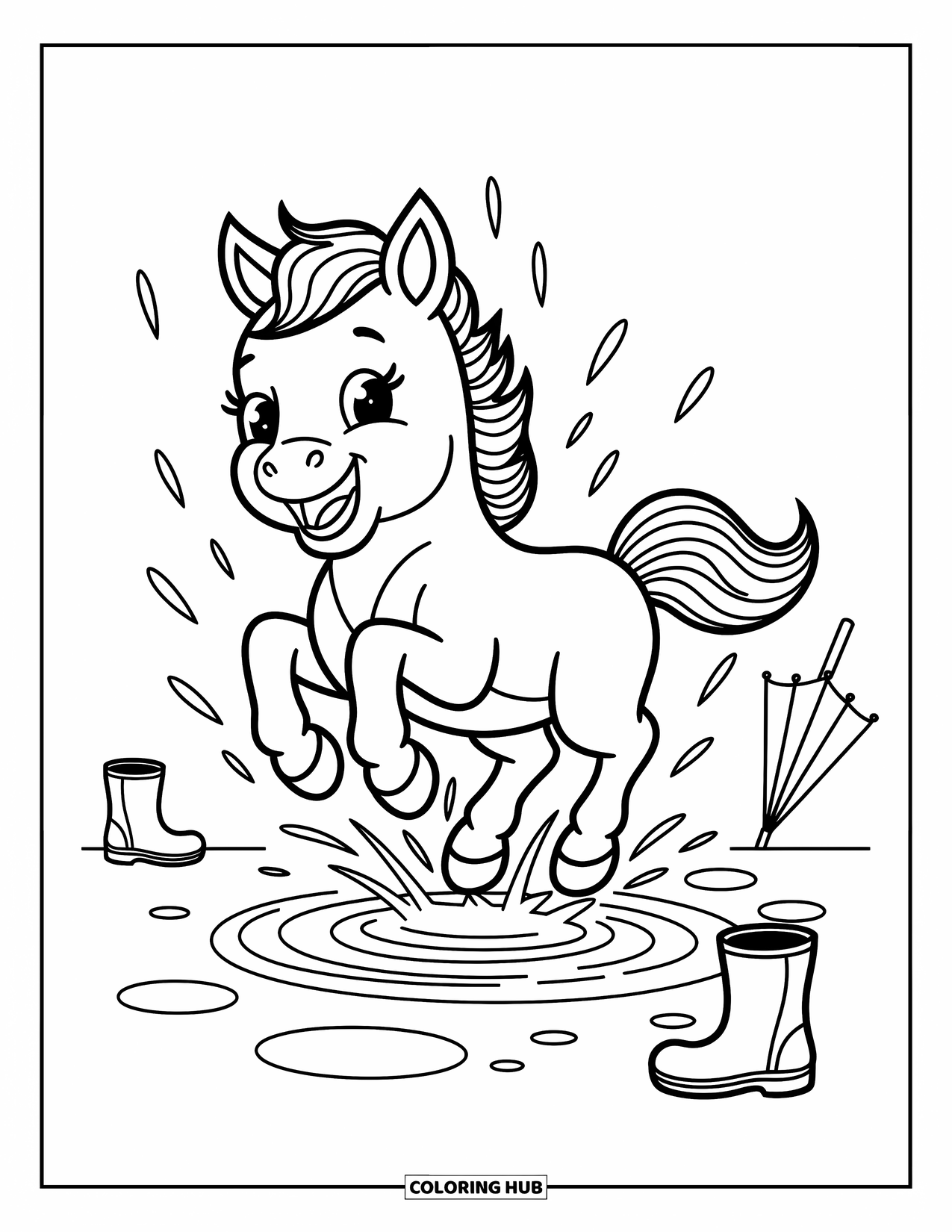 Baby Horse Coloring Page for Adults: A grinning foal jumps into a puddle with playful splashes all around