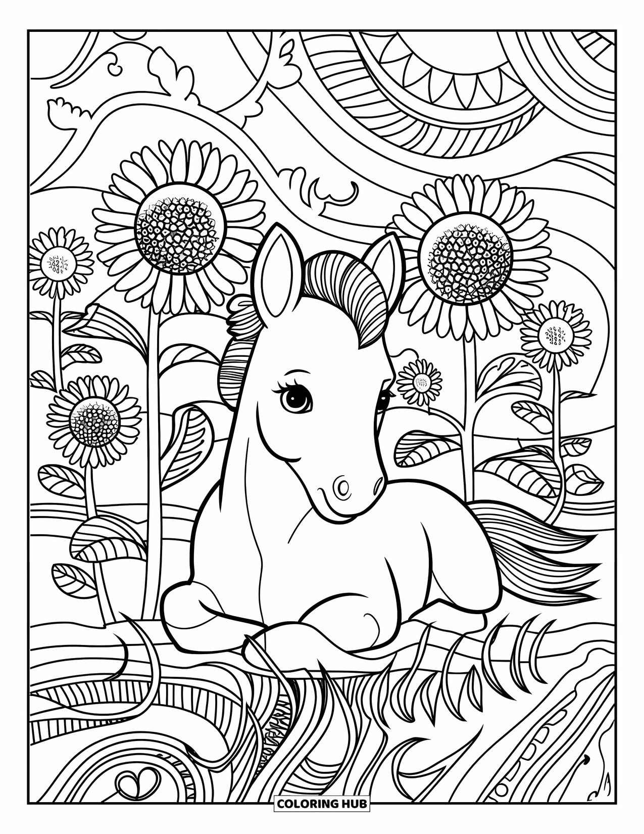 Baby Horse Coloring Page for Adults: A resting foal lies in sunflowers and vines drawn with bold, flowing lines