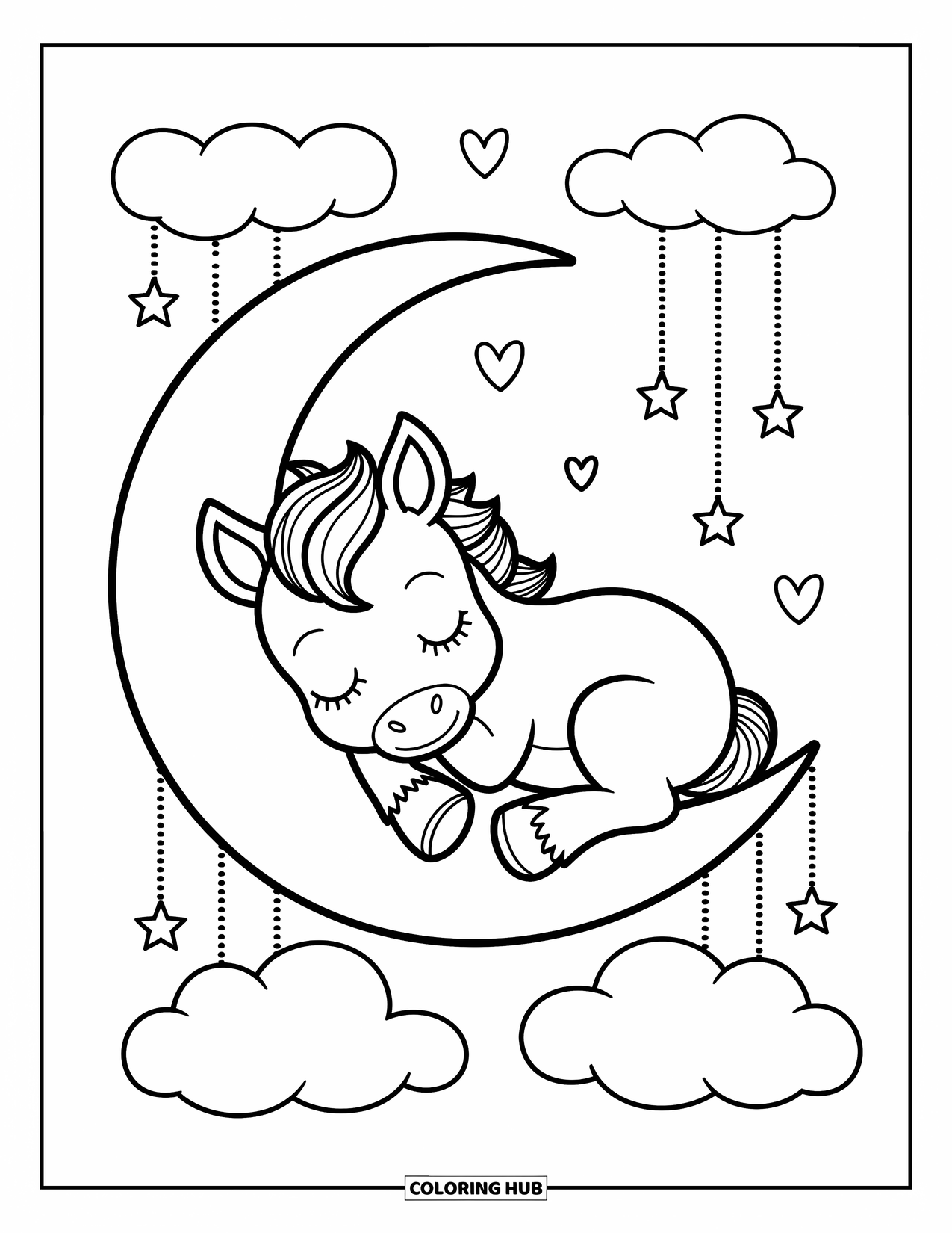 Baby Horse Coloring Page for Adults: A sleepy foal curls up on a crescent moon with stars and hearts floating nearby