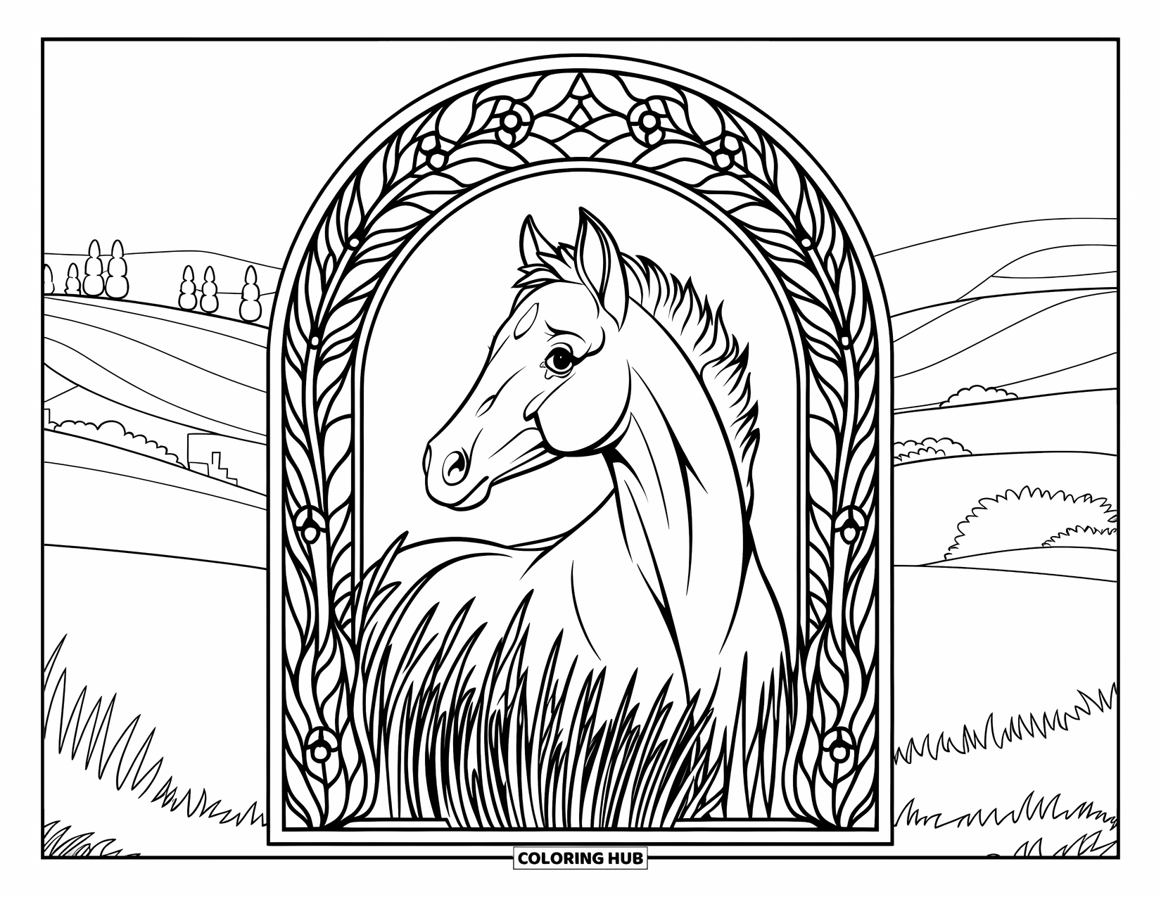 Baby Horse Coloring Page for Adults: A young foal with lifted head stands in a floral-stained border near hills and trees