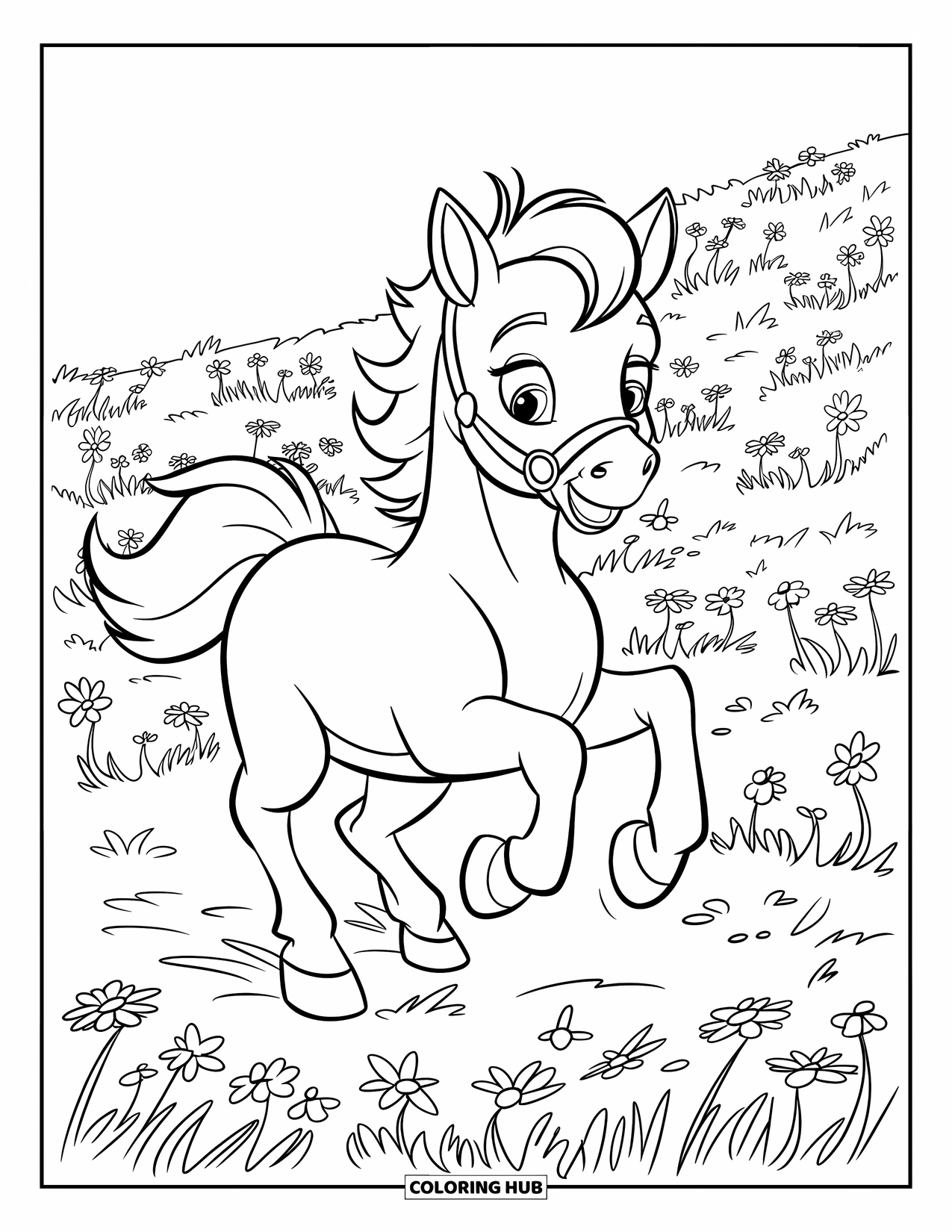 Baby Horse Coloring Page for Kids: A baby horse gallops across a hill covered in wildflowers