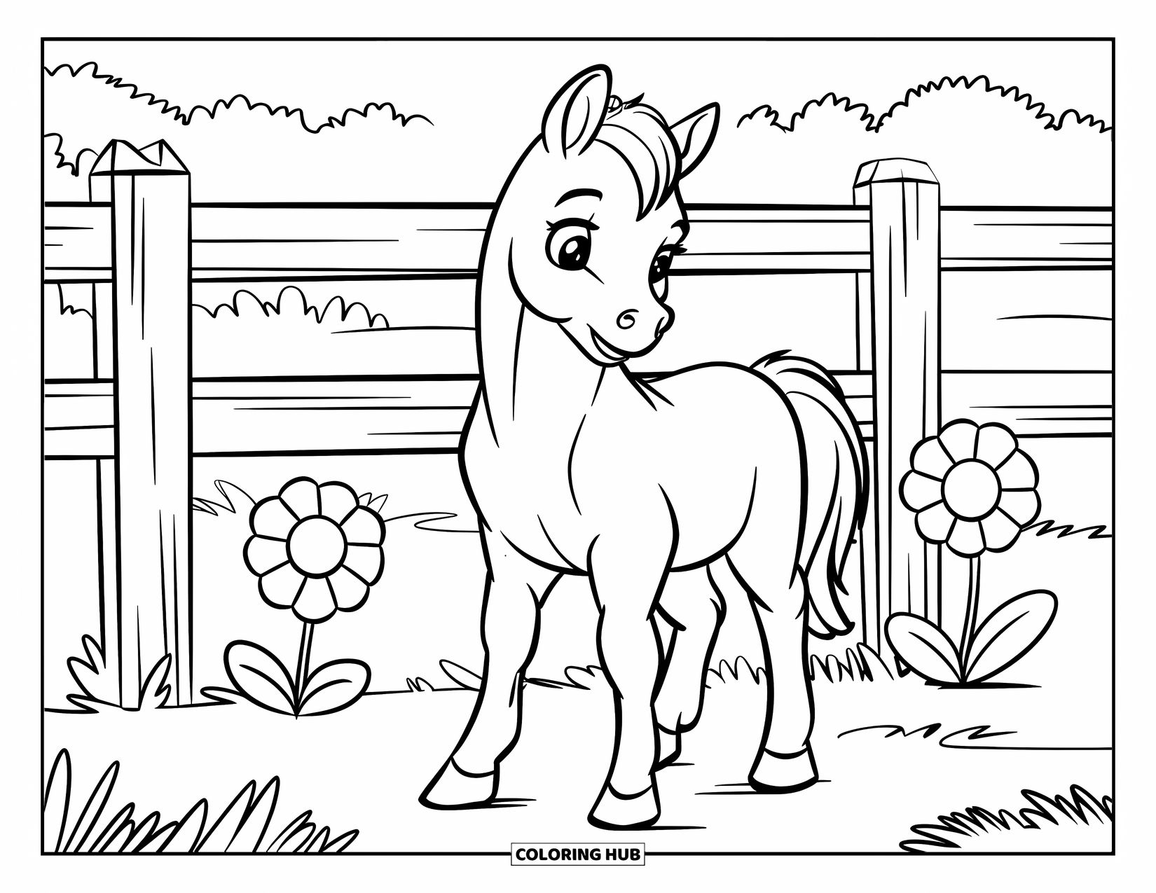 Baby Horse Coloring Page for Kids: A baby horse stands beside a fence and three big blooming flowers