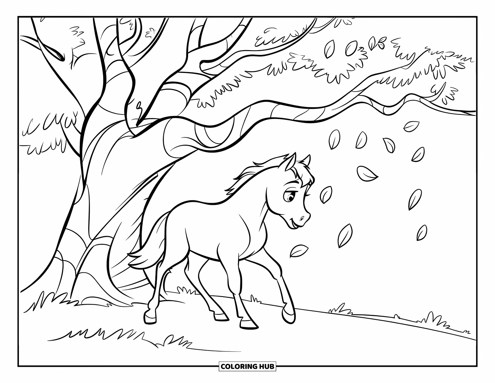 Baby Horse Coloring Page for Kids: A baby horse stands quietly under an oak tree with gently falling leaves