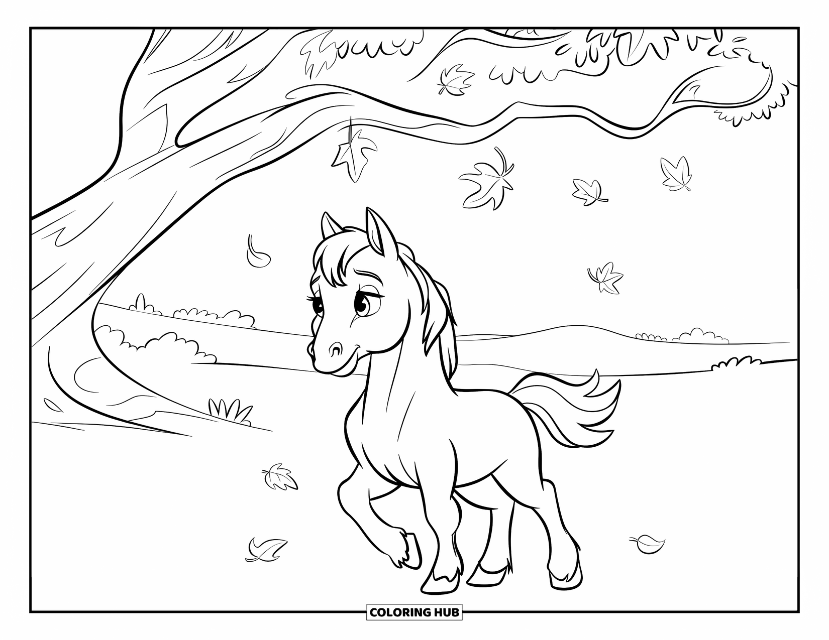Baby Horse Coloring Page for Kids: A baby horse stands under a big oak tree as leaves fall around