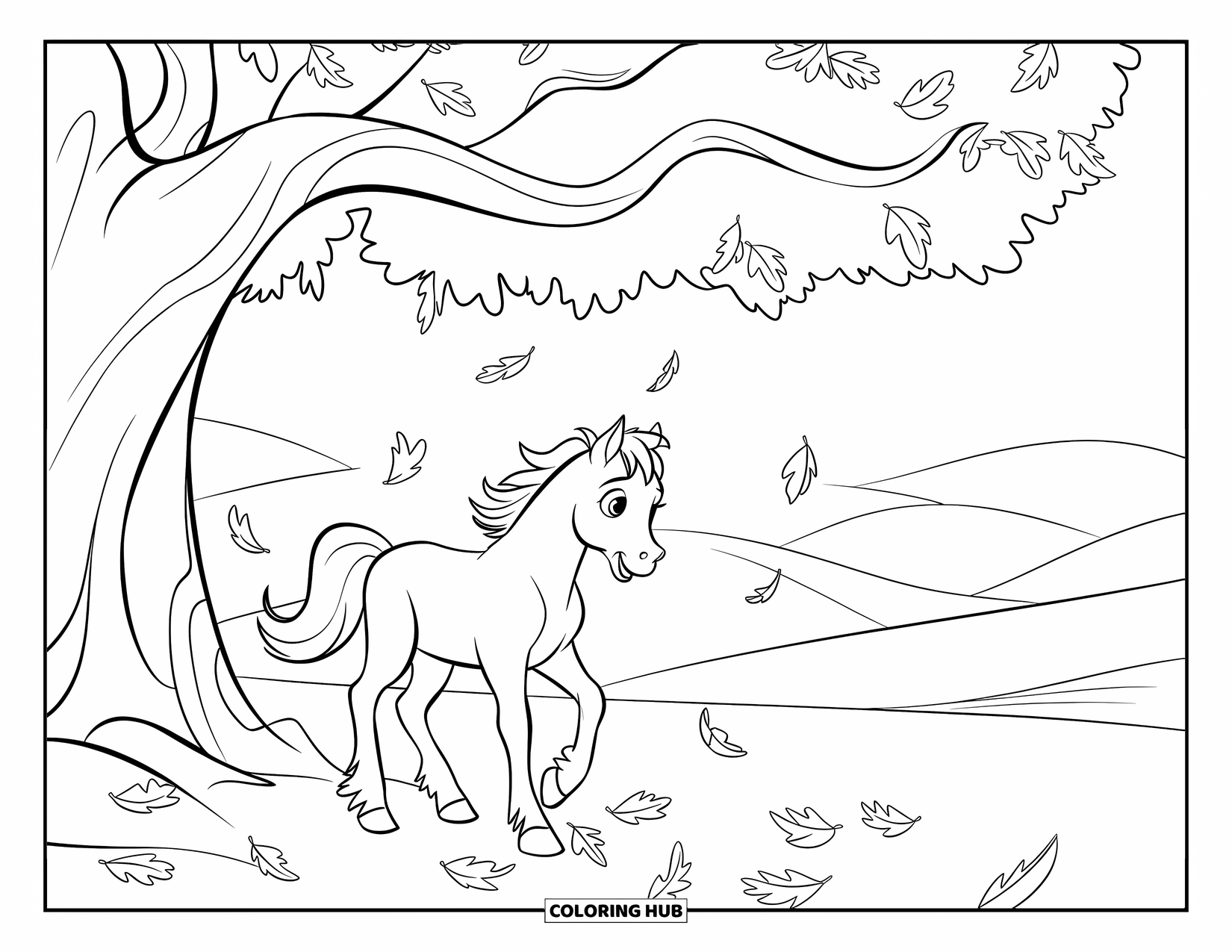 Baby Horse Coloring Page for Kids: A baby horse with a white mane stands under an oak tree surrounded by leaves