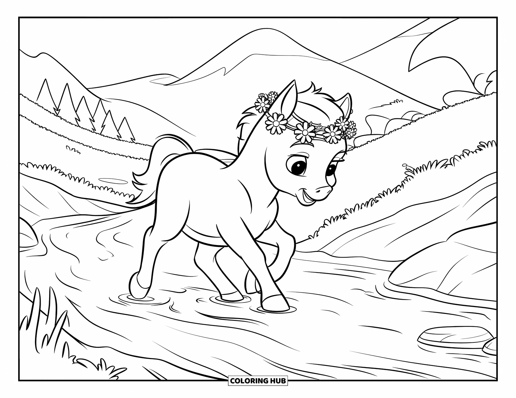 Baby Horse Coloring Page for Kids: A baby horse with braids and blooms walks by a sparkling stream and tall trees