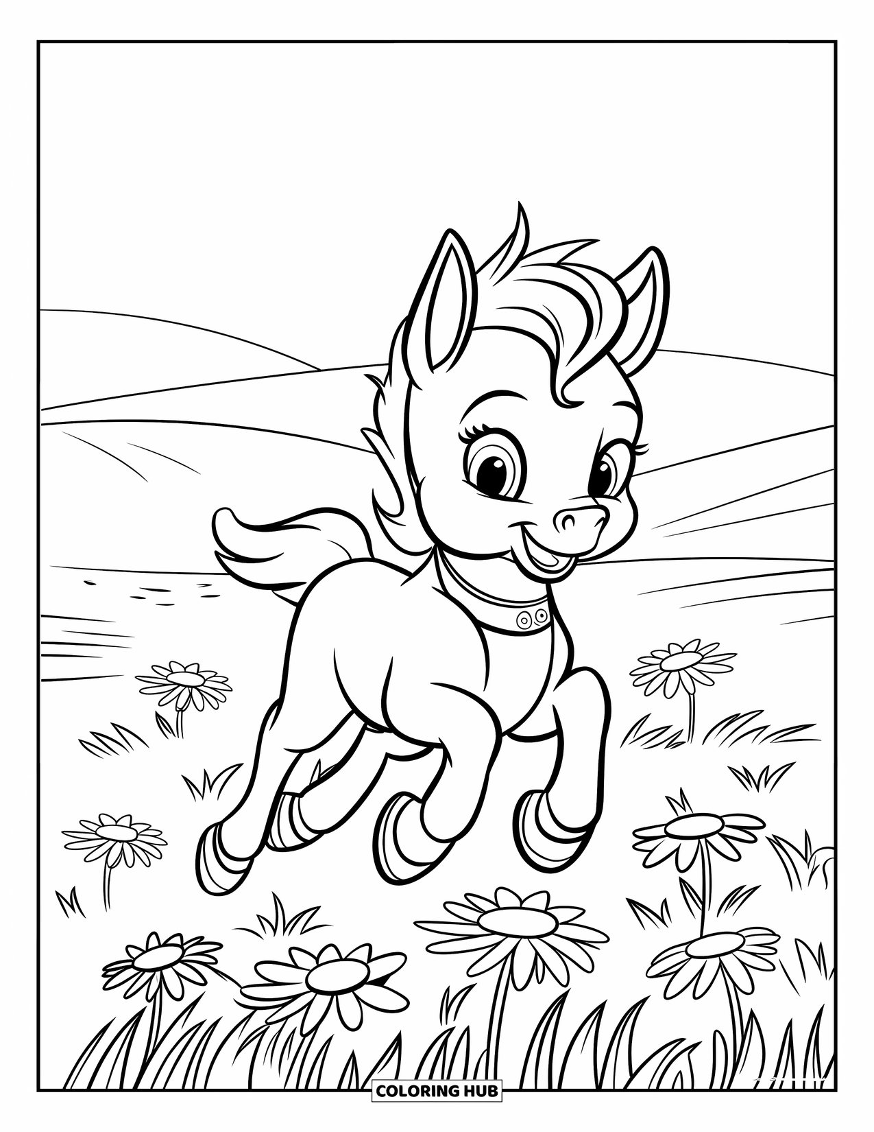 Baby Horse Coloring Page for Kids: A cheerful foal hops through daisies under a clear sky and soft hills