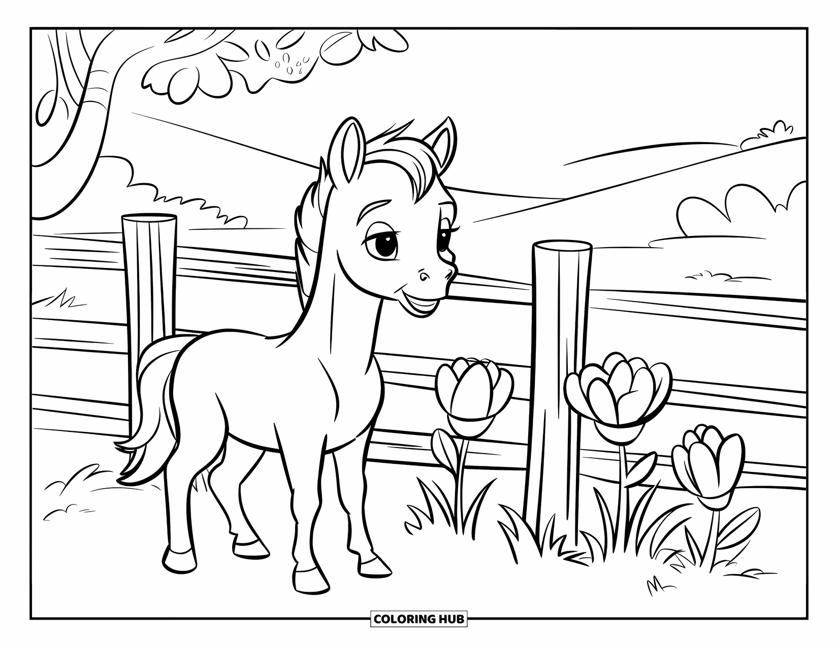 Baby Horse Coloring Page for Kids: A cheerful foal stands by a fence with large flowers and distant hills