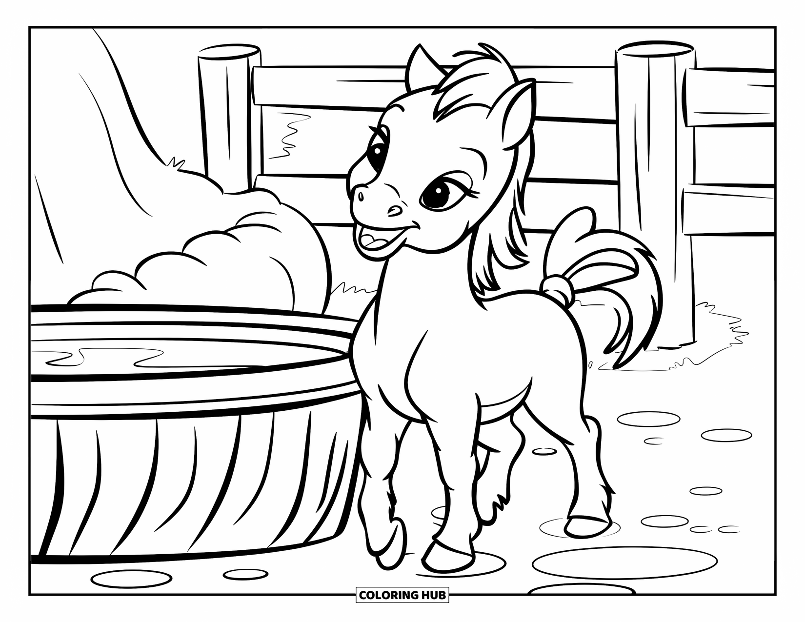 Baby Horse Coloring Page for Kids: A cheerful foal stands by a wooden trough near a wall and fence
