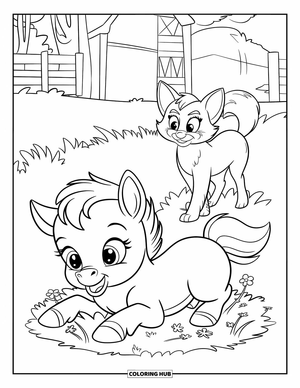 Baby Horse Coloring Page for Kids: A fluffy foal rolls in clover while a barn cat watches near a fence